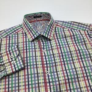 Bugatchi Uomo Mens LS Button Up Multicolor Striped Shirt Flip Cuffs Sz L‎